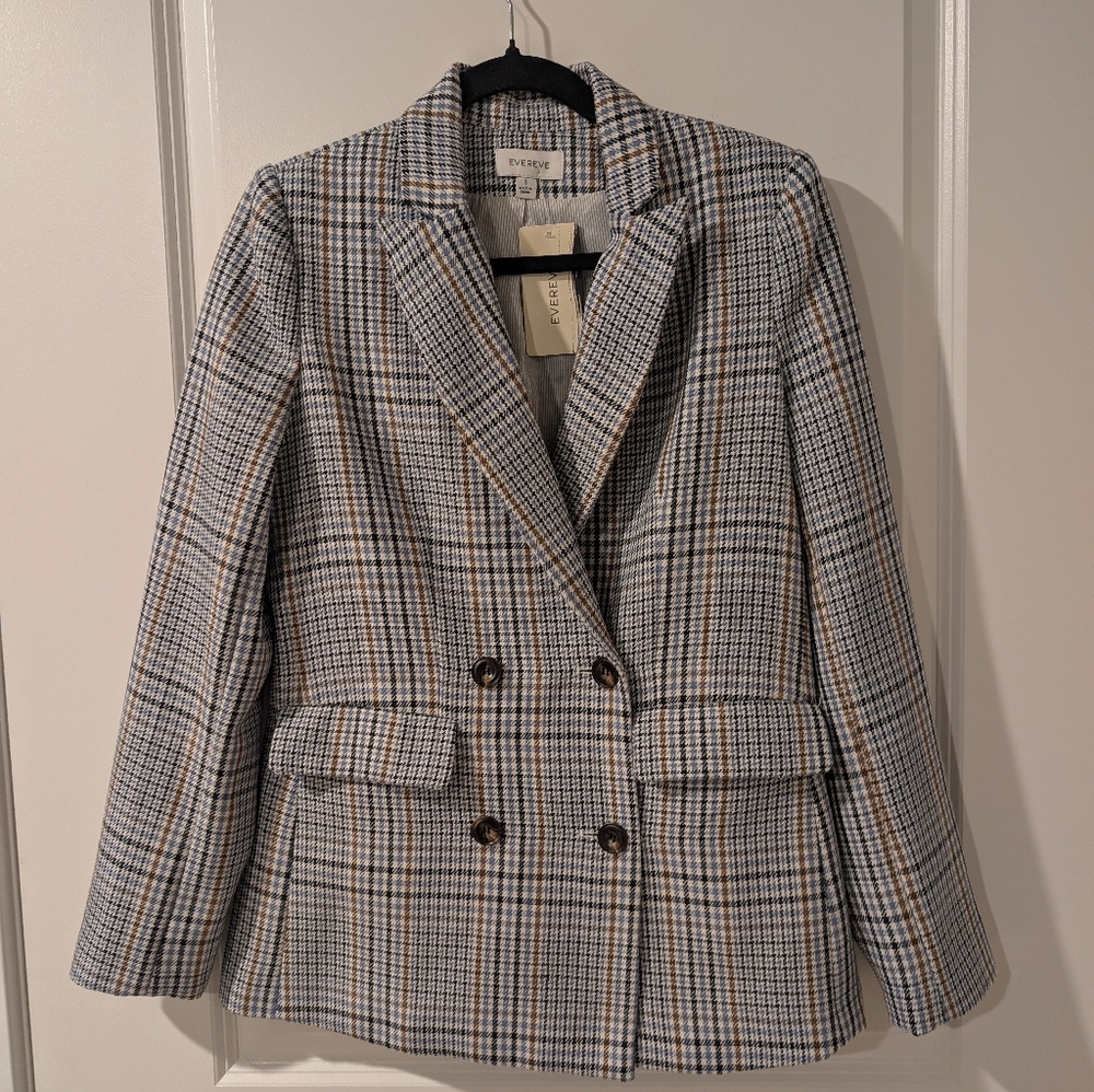 NWT Evereve Ivy Plaid Double-Breasted Blazer with Pinstripe Lining - Picture 2 of 10